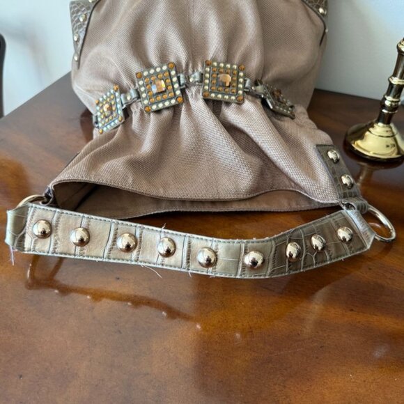 Kathy Van Zeeland Gold Jewel Embellished Shoulder Bag Croc Trim  Back Pocket - Picture 7 of 15